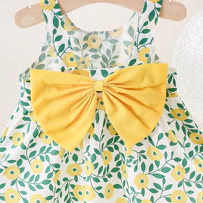Summer New Girls Dress Halter Ribbon Ribbon Full Print Floral A-line Dress Birthday Party Team Dress + Hat Bow Ribbon