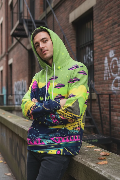 A man wearing a vibrant, multicolored all-over-print hoodie with a neon green hood and a cat graphic, leaning against a concrete ledge in an urban alley with brick fire escapes and graffiti.