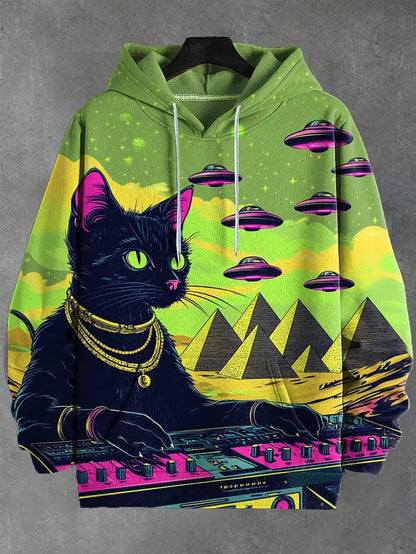 Hoodie with a black cat playing a keyboard and UFOs design on a green background