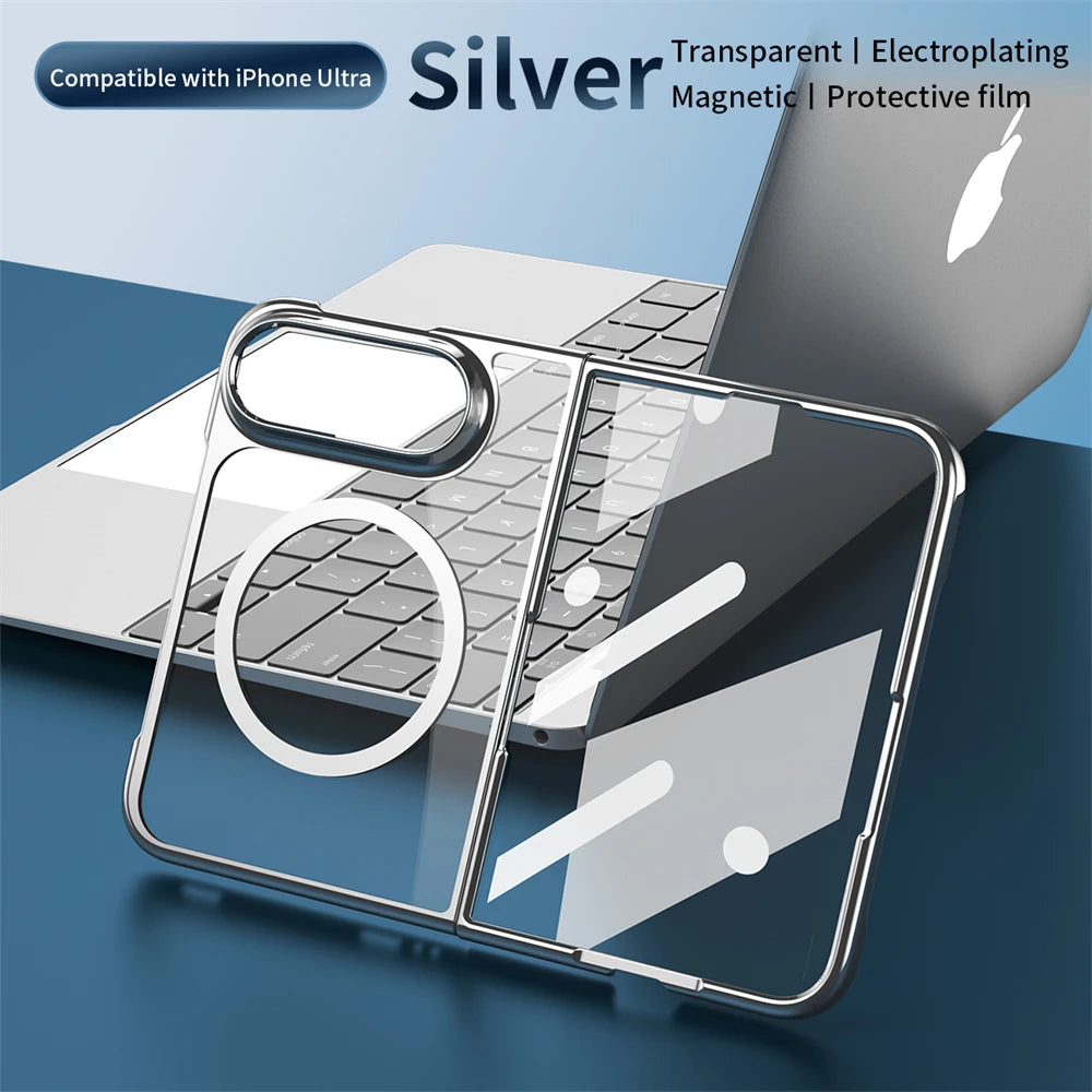 Transparent silver magnetic phone case with a circular magnetic ring, shown in front of a laptop on a blue surface. Text at the top reads 'Compatible with iPhone Ultra', 'Silver', and 'Transparent | Electroplating | Magnetic | Protective film'.