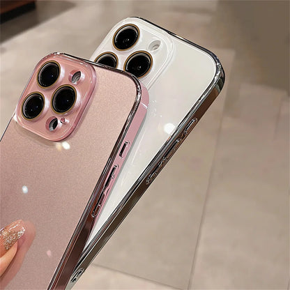 Luxury Plating Bumper Armor Glossy Phone Case For iPhone 15 16 Pro Max 14 13 12 11 Crystal Glass Full Lens Protection Back Cover