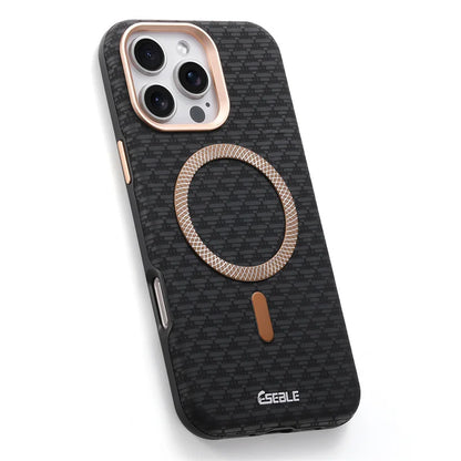 Phone case with carbon fiber texture and rose gold accents on a white background