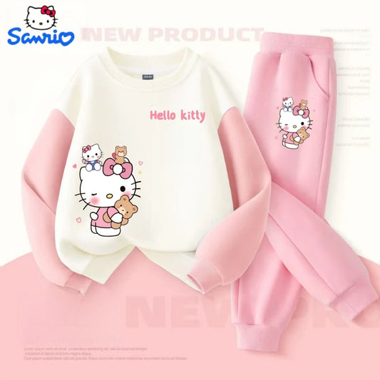 Sanrio Autumn Baby Girls Clothes Set Kid Hello Kitty Printed Sweatshirts Pullover Top & Pants 2pcs Children Patchwork Tracksuit