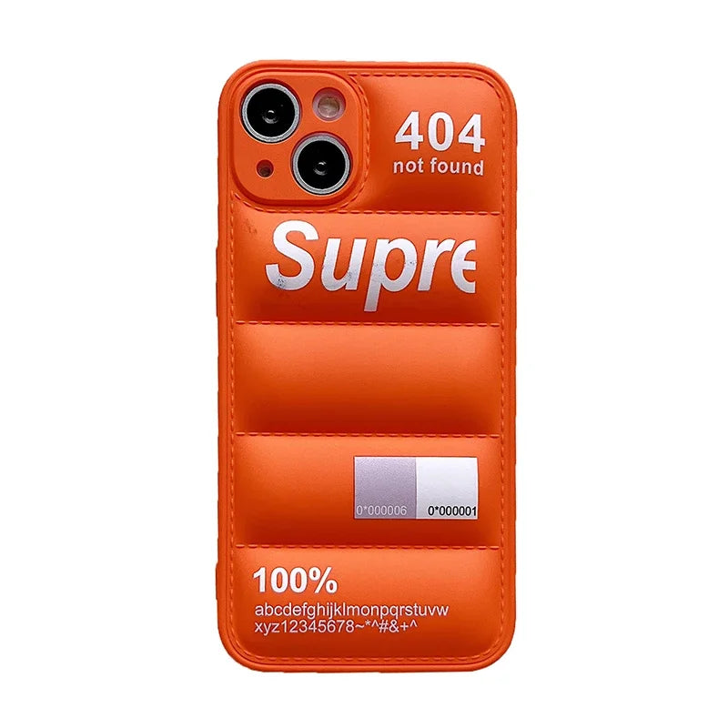 Orange phone case with 'Supreme' branding and text on a white background