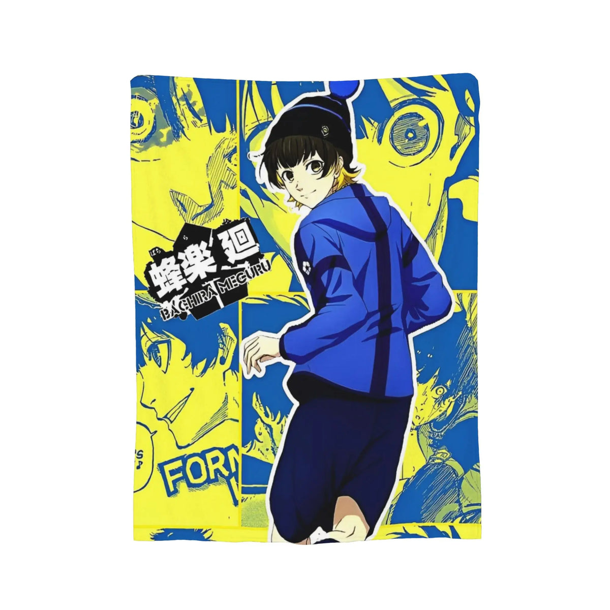 A rectangular printed blanket or mat featuring an anime-style character in a blue outfit over a bold yellow and blue illustrated background. The character is shown from the back with a small peek of the face, and stylized text appears on the left side.