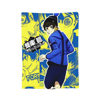 A rectangular printed blanket or mat featuring an anime-style character in a blue outfit over a bold yellow and blue illustrated background. The character is shown from the back with a small peek of the face, and stylized text appears on the left side.