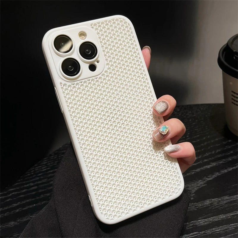 Original Heat Dissipation Breathable Mesh Hole Case For iPhone 16 15 14 11 12 13 Pro Max Plus Lens Protection Shockproof Cover