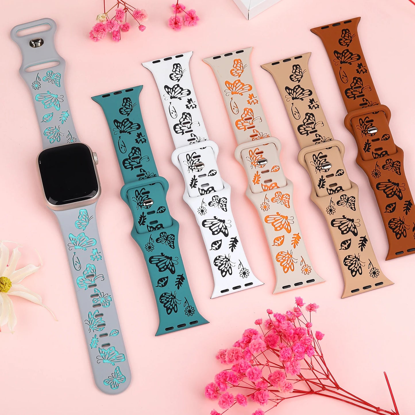 Engraved Silicone Strap For Apple Watch Band 41mm 45mm 40mm 44mm 49mm 38mm 42MM Correa Bracelet Series 9 8 7 6 5 4 3 SE Ultra 2