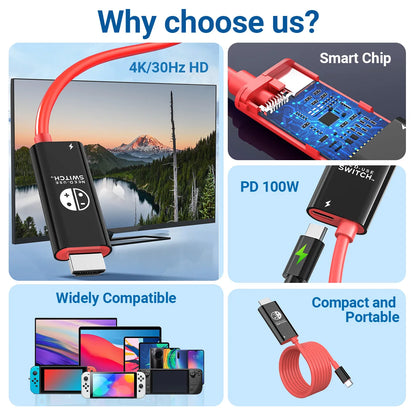 2M/6.6FT Switch Dock with 1080P@30Hz Output, USB C to HDMI Adapter with 100W PD Charging for Nintendo Switch/OLED, SteamDeck