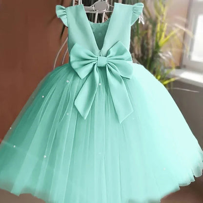 Toddler Girl Flower Birthday Tulle Dress Backless Bow Dressing Gown Kids Party Wear Princess Pink Dress Baby Girl Bowknot Dress