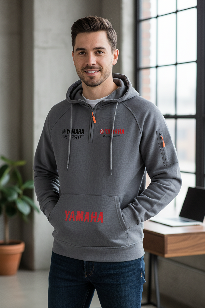 A man wearing a gray Yamaha hoodie with red and white graphics, standing in a modern indoor setting with a window, desk, and plant in the background.