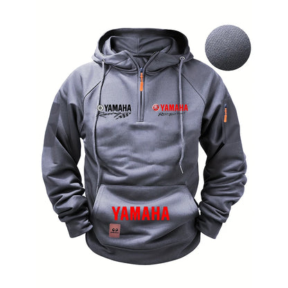 Gray hoodie with Yamaha logos on a white background