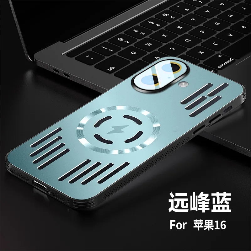 A metallic light blue protective phone case for an iPhone 16, displayed diagonally on a dark surface next to a laptop keyboard. The case features a circular magnetic wireless charging center and horizontal vent-like cutouts on the sides.