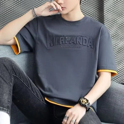 2025 Summer New Men's Short Sleeve T-Shirt Hong Kong Style Loose Fit Versatile Ice Silk Thin Clothing Youth Trendy