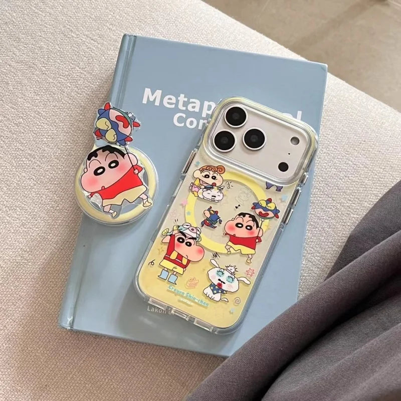 Cute Crayon Shin-chan Magsafe Wireless Charge Case For iPhone 13 14 15 16 17 Pro Max Cartoon Superman Shin-chan Magnetic Stand