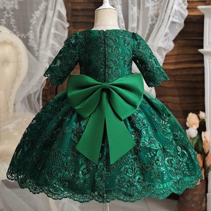 New Years Wedding Princess Dress for Baby Girls Birthday One Year Dress Party Baptism Gala Gown Green Bow Christmas Costume 1-5Y
