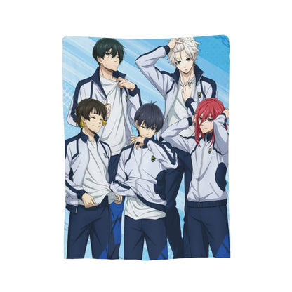 A rectangular printed blanket or mat featuring anime-style male characters in white and navy school uniforms, shown flat against a plain white background.