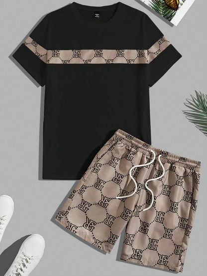 Men's Suit Retro Fashion Letters Printed Round Neck T-shirt Shorts Suit Comfortable And Breathable Men's Two-piece Suit