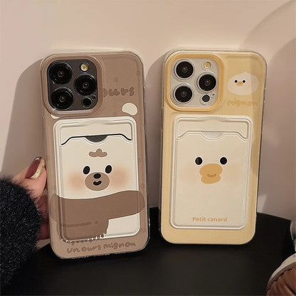 Card bag cover for iphone 15 pro max 14 16 plus 11 12 13 promax x xr xsmax ins 2024 cute duck bear phone case conque