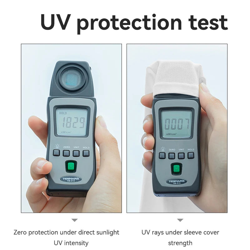 UV protection test with a digital UV meter showing UV intensity and strength under different conditions.