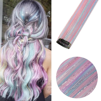 Clip in Hair Extensions 6pcs/pack Colored Party Highlights 22 inches Multi-colors Straight Hair Synthetic Hairpieces Purple Pink