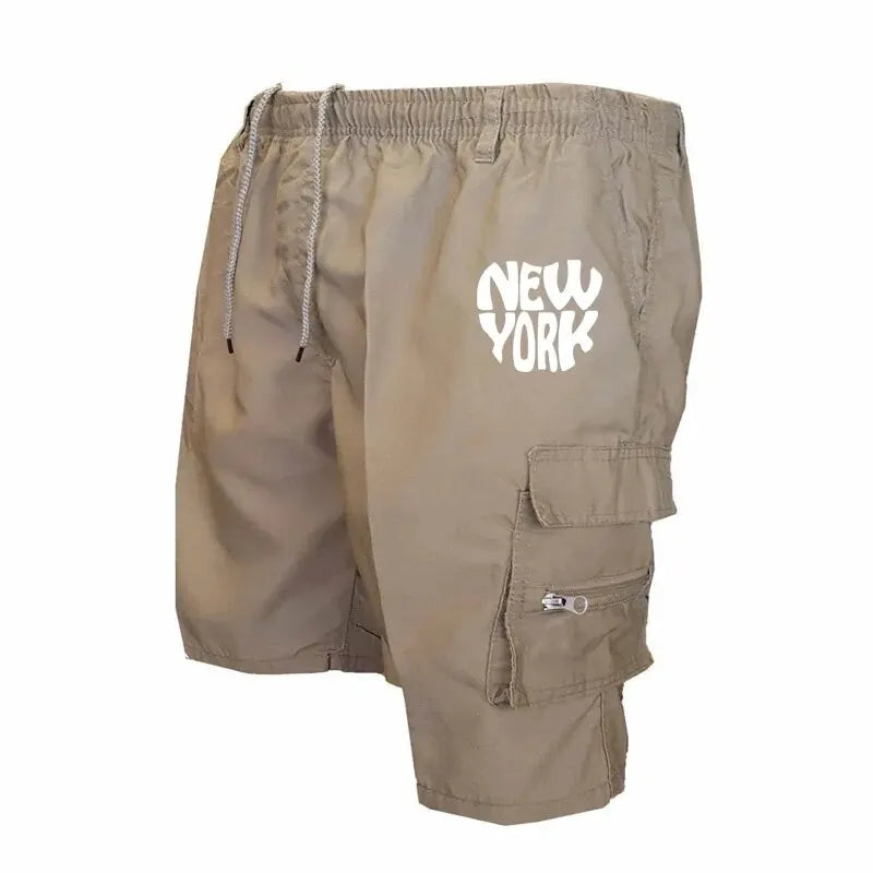 Men New York Print Short Shorts Loose Beach Cargo Shorts and Hiking Shorts Overalls Men's Bottoms Drawstring Trousers