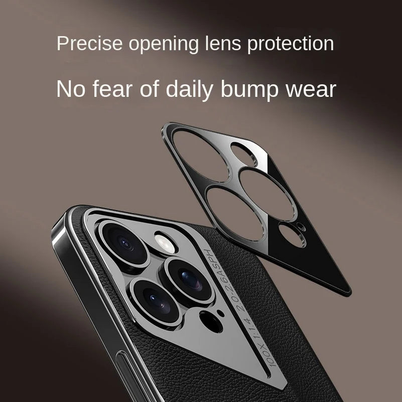 Luxury Vegan Leather Phone Case For iPhone 16 Pro Max 15 Pro 14 13 Pro max Hard Camera Lens Protects Back Cover