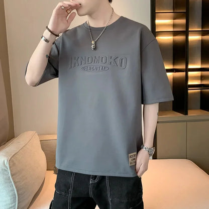 2025 Summer New Men's Short Sleeve T-Shirt Hong Kong Style Loose Fit Versatile Ice Silk Thin Clothing Youth Trendy