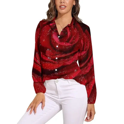 Red Roses Blouse Ladies Shirts Floral Print Retro Pattern Blouses Woman Casual Loose Shirts Spring Summer Long Sleeve Blouses