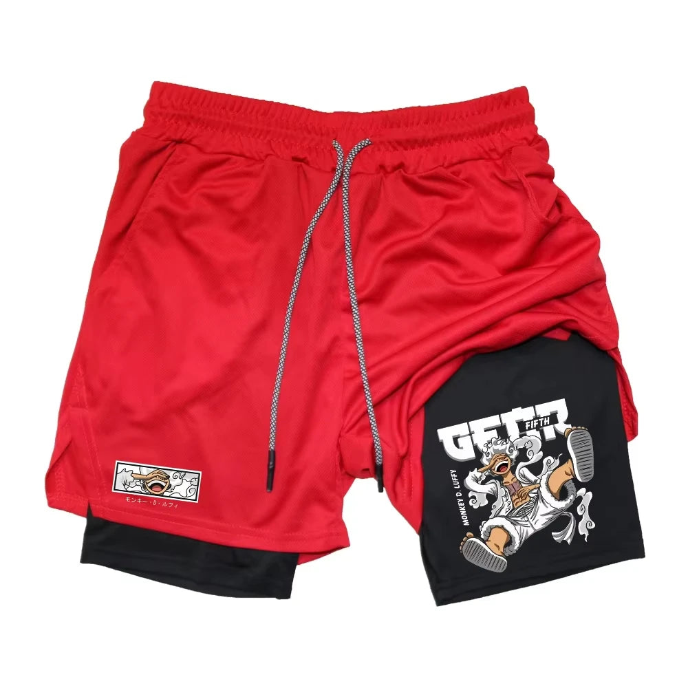 Japanese Anime Print Shorts Man Women Summer New Double-Layer 2-in-1 Shorts Gym Fitness Running Sports Pants Quick-Drying Shorts