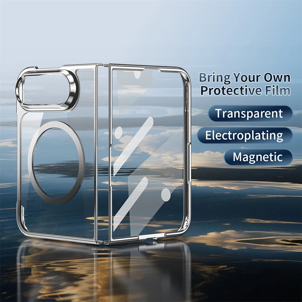 Transparent magnetic phone case with a metallic silver frame, shown on a smartphone mockup over a reflective water surface. Text on the right reads 'Bring Your Own Protective Film' and lists 'Transparent', 'Electroplating', and 'Magnetic'.