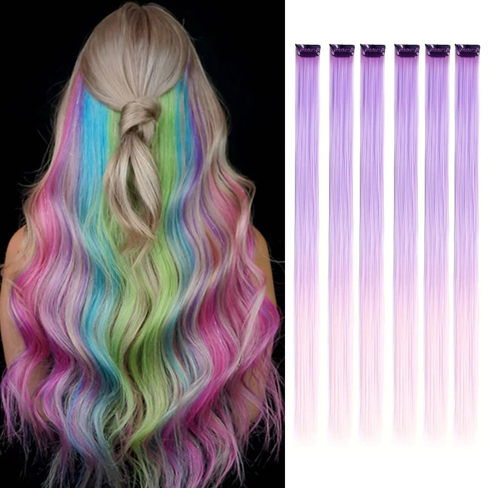 Clip in Hair Extensions 6pcs/pack Colored Party Highlights 22 inches Multi-colors Straight Hair Synthetic Hairpieces Purple Pink