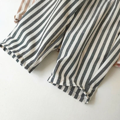 Spring Summer Boys Striped Loose Pants Baby Girl Vintage Casual Linen Cotton Harlan Pants Kids Lace-up Pant Children Clothing