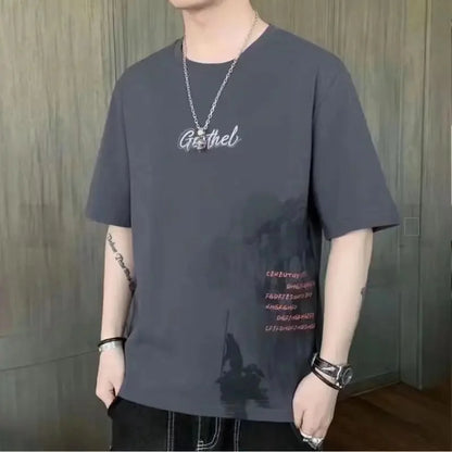 Loose Short Sleeve round Neck T-Shirt Thin Summer Casual Style for Men Breathable Streetwear Student Stall Short T-Shirt