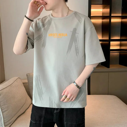 2025 Summer New Men's Short Sleeve T-Shirt Hong Kong Style Loose Fit Versatile Ice Silk Thin Clothing Youth Trendy