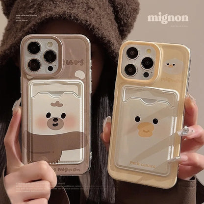 Card bag cover for iphone 15 pro max 14 16 plus 11 12 13 promax x xr xsmax ins 2024 cute duck bear phone case conque