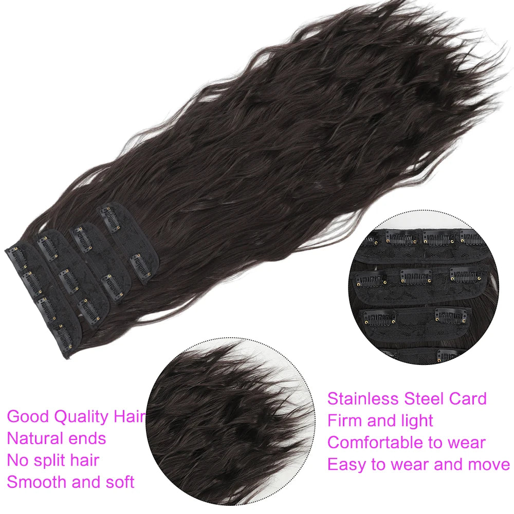 Voluminous Brown-Blonde Clip-In Extensions: 60.96 cm Wavy & Curly Synthetic Hair Set