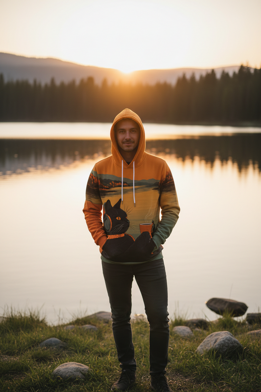 A man stands on a grassy lakeshore at sunset wearing a colorful gradient hoodie with a black cat graphic holding a mug. The background shows a calm lake, forest, and mountains.
