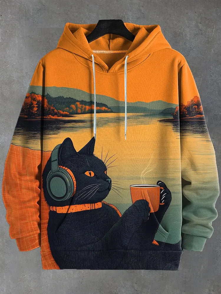 Hoodie with a cat wearing headphones and holding a cup design on a gray background