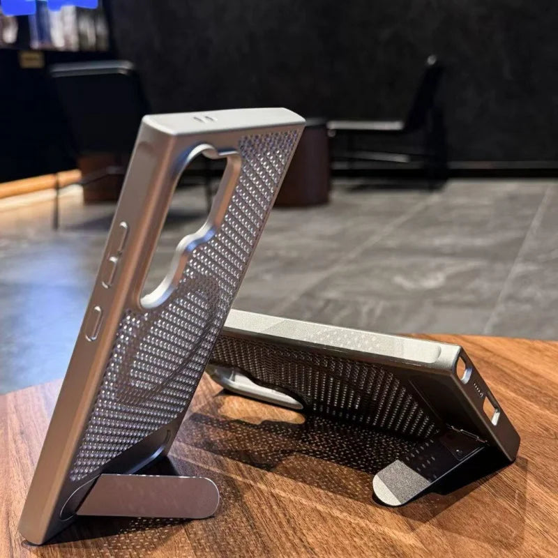 Phone case with stand feature on a wooden surface
