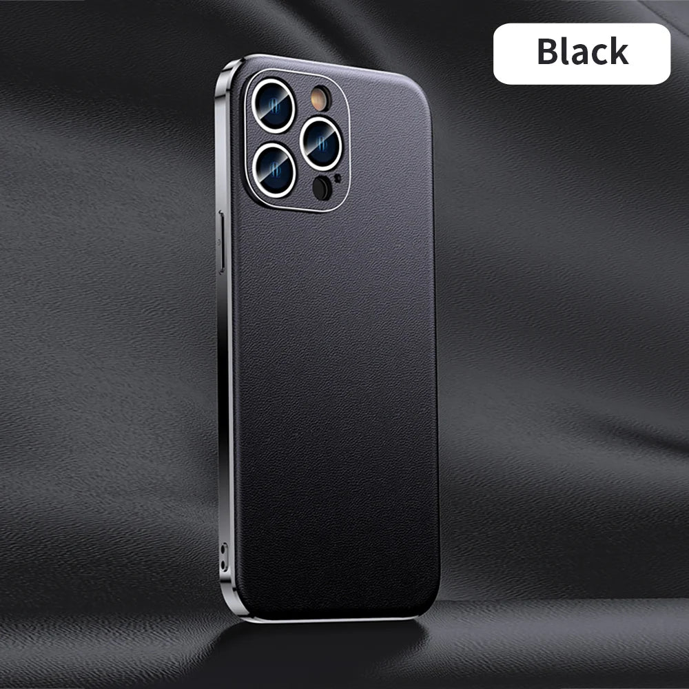 Genuine Cowhide Leather Phone Case for iPhone 16 15 11 12 13 14 Pro Max Luxury Plating Shockproof Lens Protection Back Cover