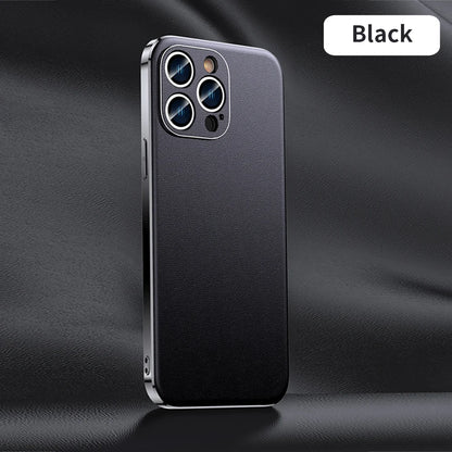 Genuine Cowhide Leather Phone Case for iPhone 16 15 11 12 13 14 Pro Max Luxury Plating Shockproof Lens Protection Back Cover