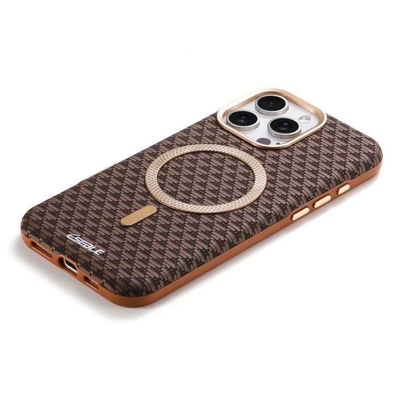 Phone case with houndstooth pattern and gold accents on a white background