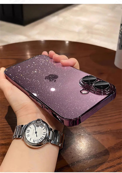 Luxury Bling Glitter Clear Slim Case For iPhone 16 15 14 13 12 Pro Max Shockproof  Plating Bumper Desert Gold Transparent Cover