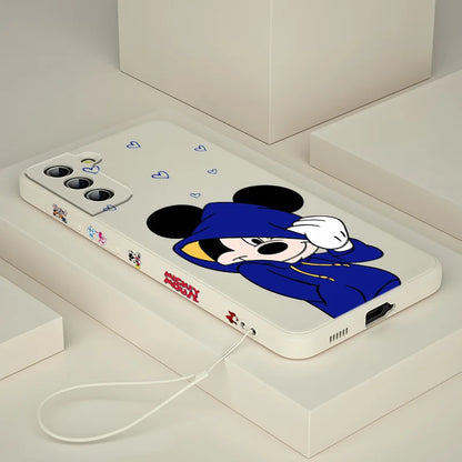 Mickey💙Mouse character case For Samsung Galaxy S24 S23 Note 20 Liquid Left Rope Phone Case