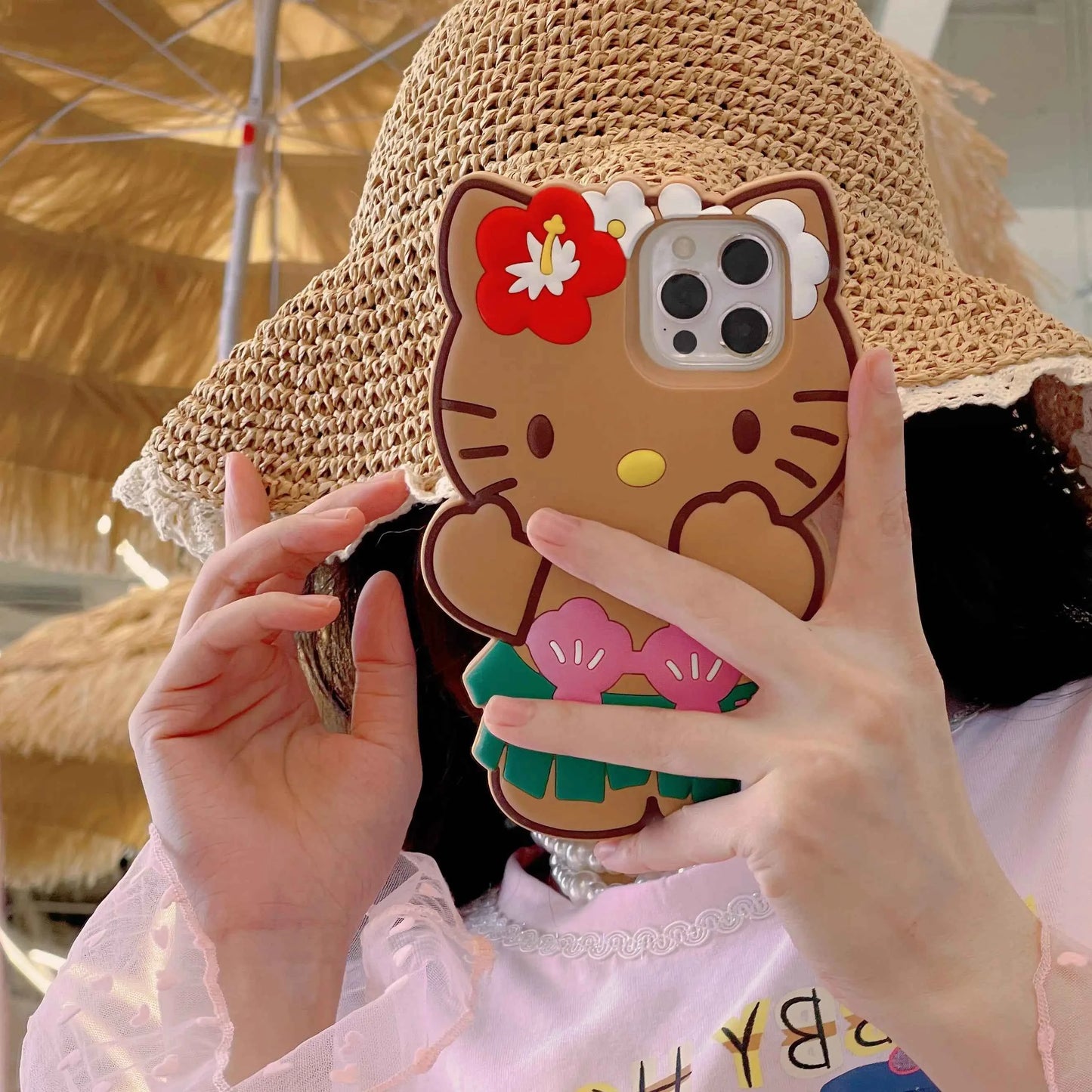 Kawaii Hello Kitty Phone Case For iPhone 17 16 15 14 13 12 11 Pro Max Plus 17 Pro Hawaiian Hula Skirt Kitty Silicone Phone Cover