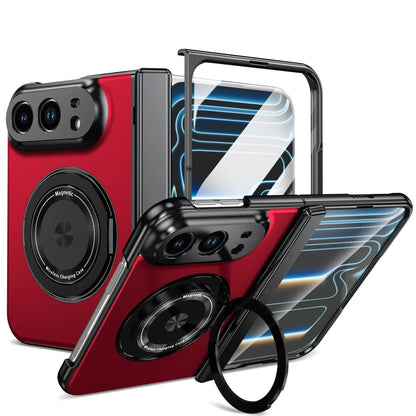 Red and black magnetic foldable phone case with a built-in screen protector, shown in multiple angles on a white background.