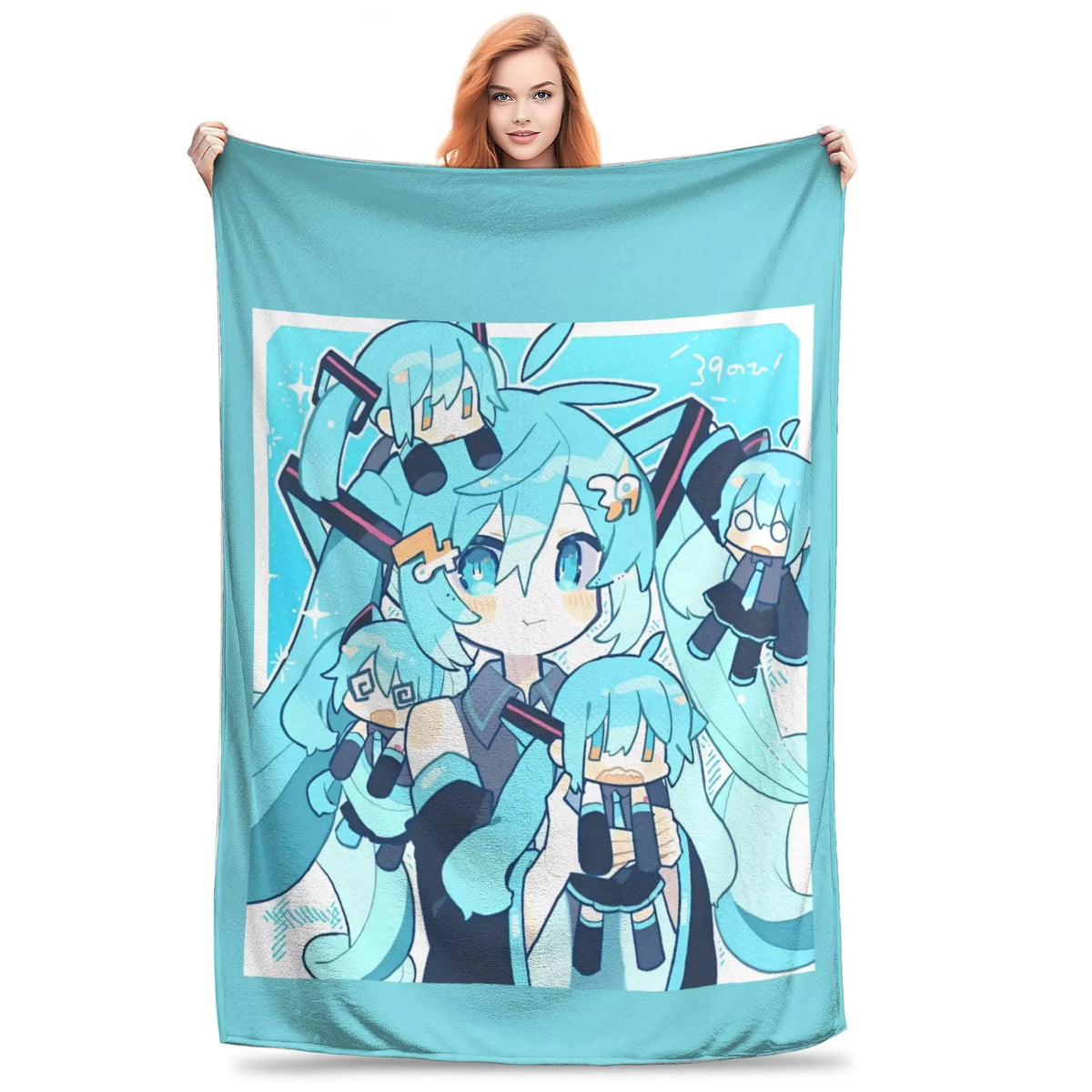 A woman holds up a large turquoise blanket featuring a printed anime illustration of multiple Hatsune Miku characters. The blanket is displayed against a plain white background.
