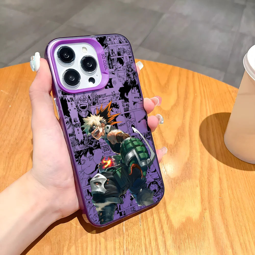 Katsuki Bakugo Anime Phone Case for iPhone 16 15 14 13 12 11 Pro Max - Black Matte Multicolor Laser Metallic Aurora Cover