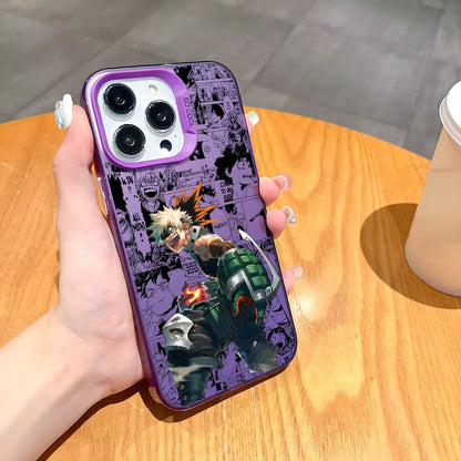 Katsuki Bakugo Anime Phone Case for iPhone 16 15 14 13 12 11 Pro Max - Black Matte Multicolor Laser Metallic Aurora Cover